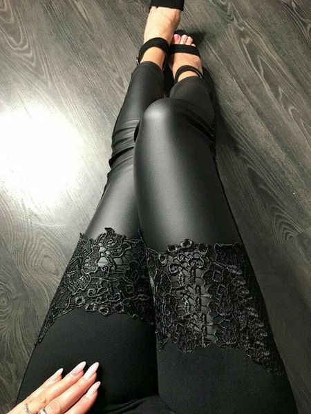

women stretch slim fit pencil pants high waist shiny pu leather lace patchwork trousers skinny vogue leggings fashion club, Black;white