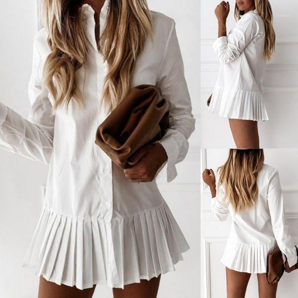 

women pleated white shirt mini dress turn down collar long sleeve office lady pleated dress cotton casual loose vestidos1, Black;gray