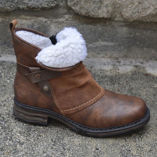 

women winter boots pu leather plush zipper buckle low heel fashion female plush short boots patchwork, Black