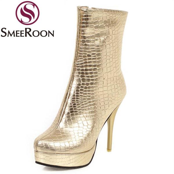 

boots smeeroon plus size 34-48 women round toe gold platform female heels ankle, Black
