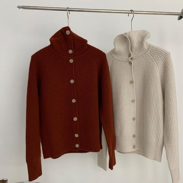 

women sweater multi-wear 2020 high-neck solid color wool cardigan knitted single-breasted lapel temperament sweater women, White
