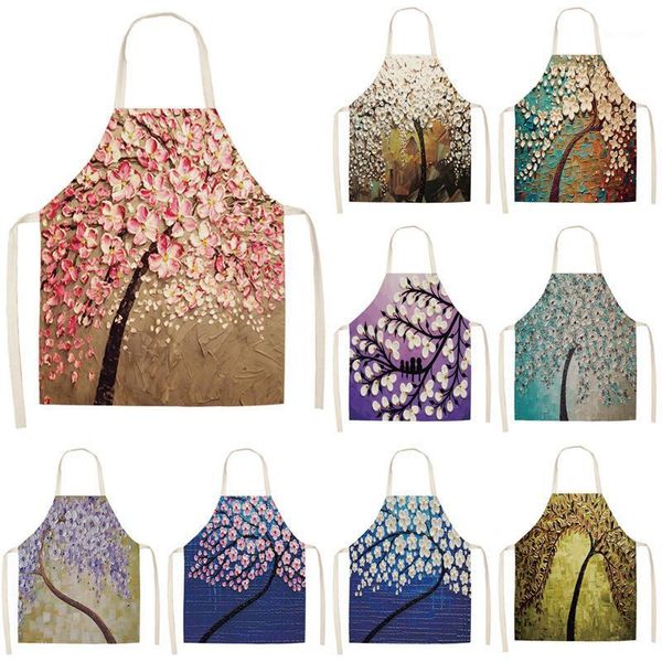 

1pcs flower tree printed cotton linen sleeveless aprons home cleaning kitchen cooking baking apron for women men 53*65cm wq00081