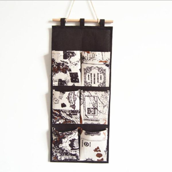 

six-pocket british style cotton and linen storage hanging bag wall-mounted home wardrobe debris storage bag