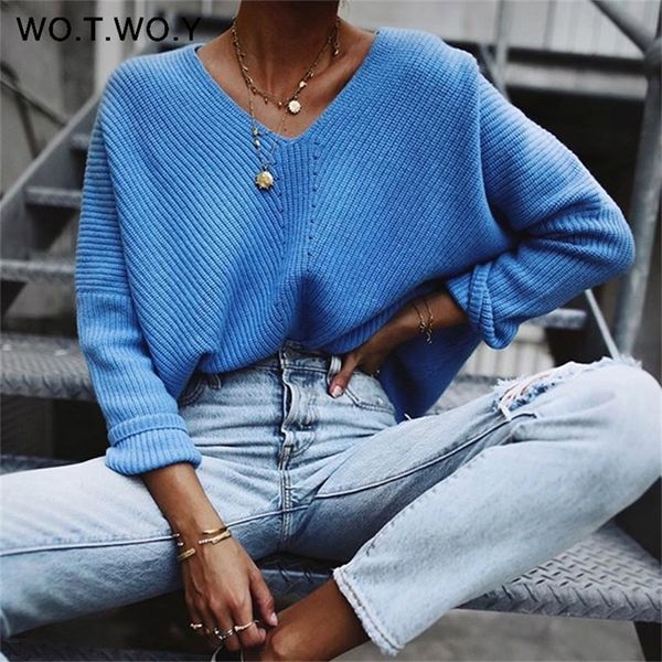 

wotwoy autumn winter blue knitted pullovers long sleeve v-neck cashmere sweaters women casual korean female jumper y200910, White;black