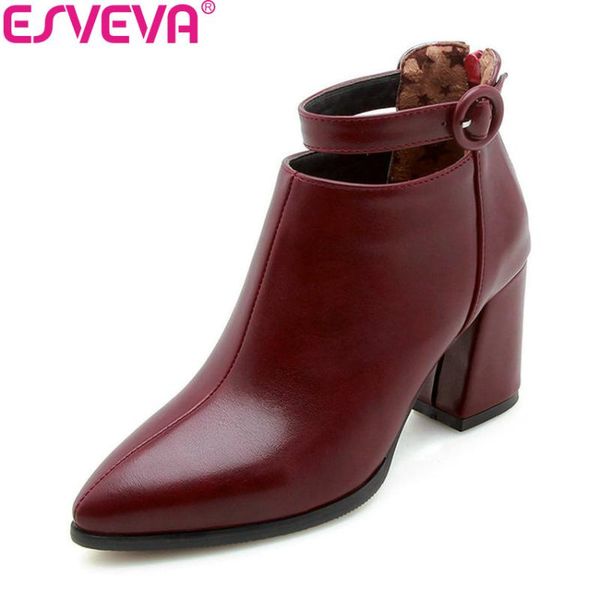 

esveva 2020 women boots buckle high heels shoes zipper ankle boots pointed toe autumn shoes square heels woman size 34-43, Black