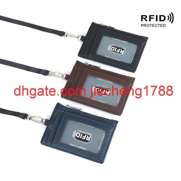 

carbon fiber hanging neck work card set high grade female leather multi-function card bag male rfid bus meal card set, Red;black