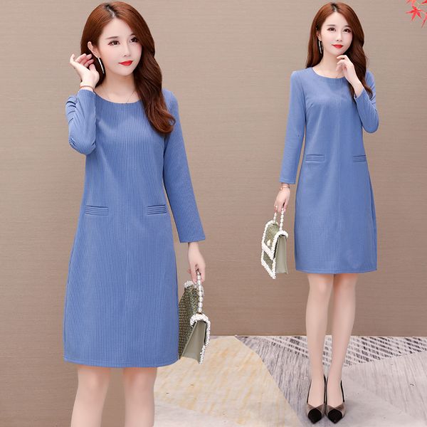 

womens large plus size dress blue long sleeves loose casual lean spring line dressed in autumn clothes feva, Black;gray