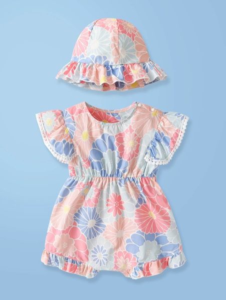 

baby girl ruffle print jumpsuit shorts with hat she, Blue