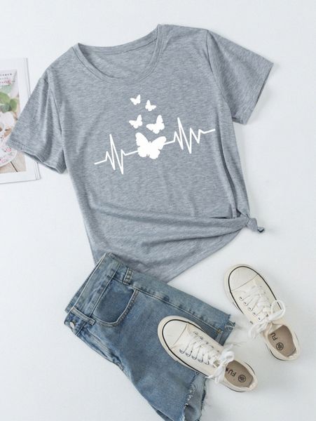 

butterfly print crew neck tee 95wb#, White