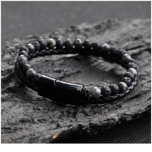 

fashion men jewelry natural stone genuine leather bracelet black stainless steel magnetic clasp tiger eye bead bracelet jllhke