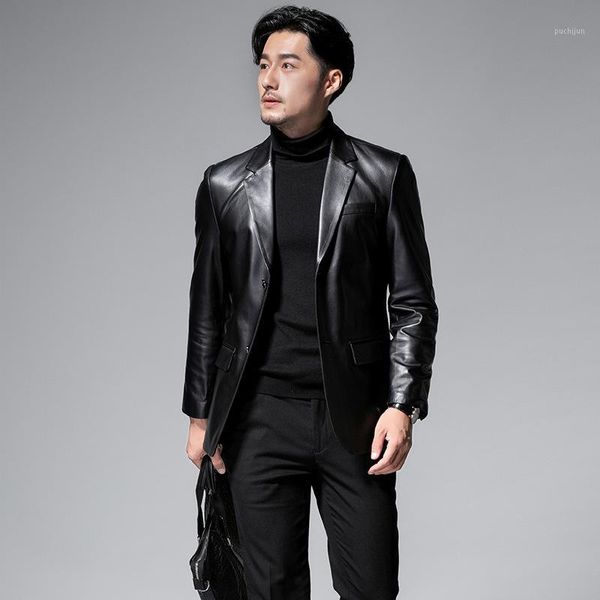 

2019 new men's sheepskin leather suit suit leather jacket slim business single autumn coat1, Black