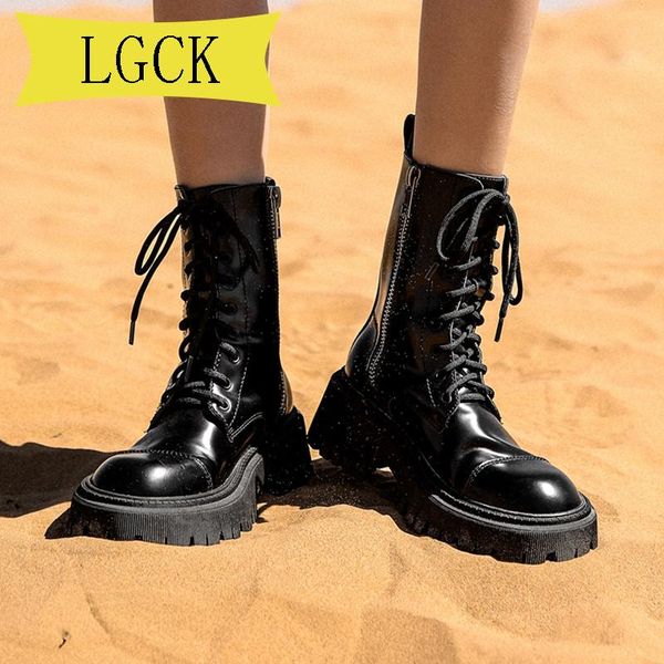 

boots plus size 34-39 fashion cow leather ankle women autumn winter round toe lace up shoes woman motorcycle platform, Black