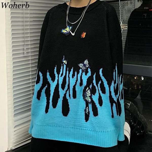 

woherb autumn winter women man harajuku flame knitting pullover sweater butterfly applique patch oversized jumper outerwear1, White;black
