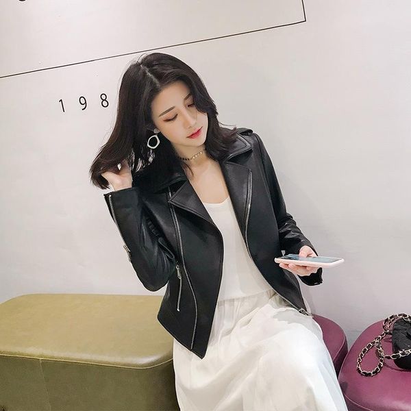 

genuine leather jacket women spring autumn 100% real sheepskin coat korean biker motorcycle jacket short slim fit 9103 kj3395, Black