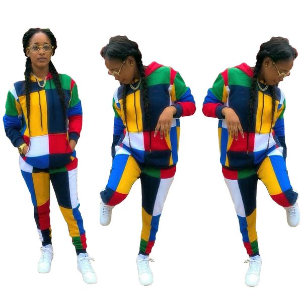 

Women 2 Piece Outfits Designer Printed Color Block Stitching Hooded T Shirt Trousers Casual Suits Ladies fashion long Sleeve Top Pants Sets, White