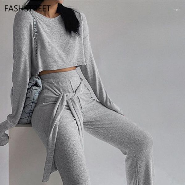 

fashstreet casual simple tracksuit 2 piece set women loose cropped t shirt high waist lace up wide leg pants high street outfit1, Gray