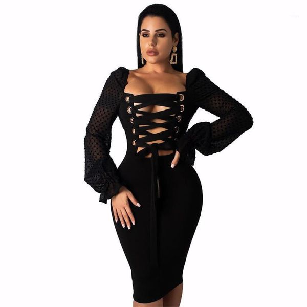 

women hollow mesh puff chiffon long sleeve bandage bodycon dress cocktail clubwear party1, Black;gray