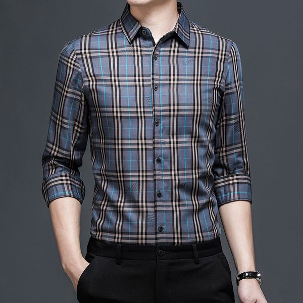 

spring casual long sleeve lapel slim plaid printed men's shirt, White;black