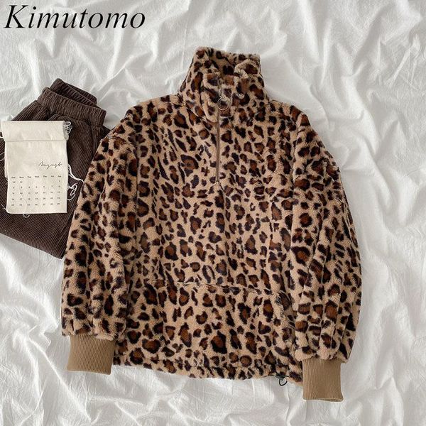 

kimutomo women warm coat winter korea new style female stand collar leopard zipper pockets long sleeve streetwear1, Black;brown