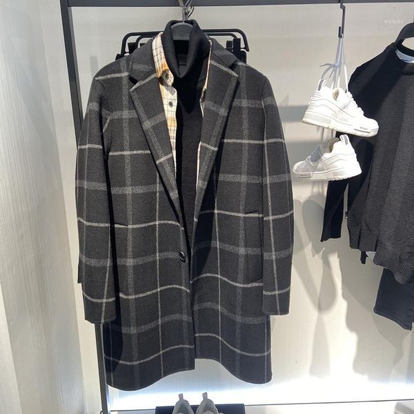 

winter 2021 new double sided cashmere coat men's medium long plaid men's coat b142401, Black