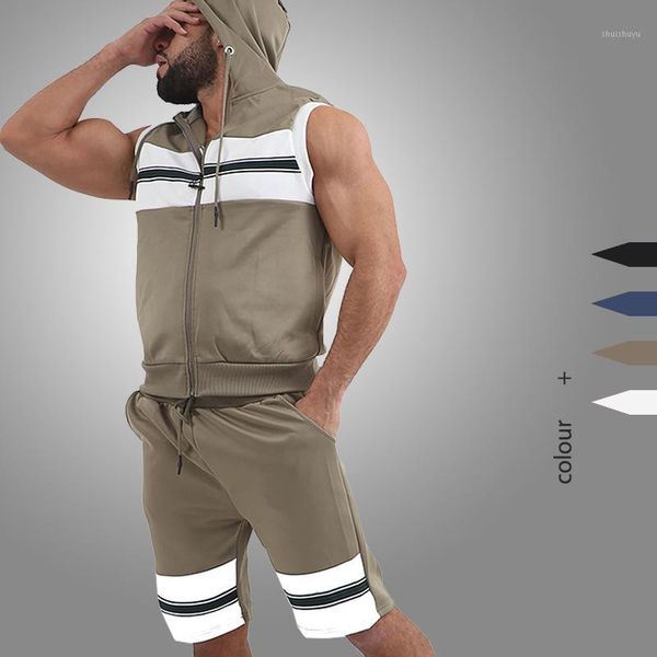 

2020 summer mens 2 piece short sets fashion patchwork sleeveless hooded sweatshirts+shorts men casual tracksuit fitness gym suit1, Gray