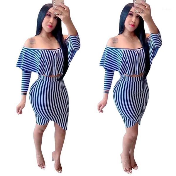 

2020 autumn winter women's set ful sleeve ruffles striped print crop bodycon short skirt suit two piece set tracksuit1, White