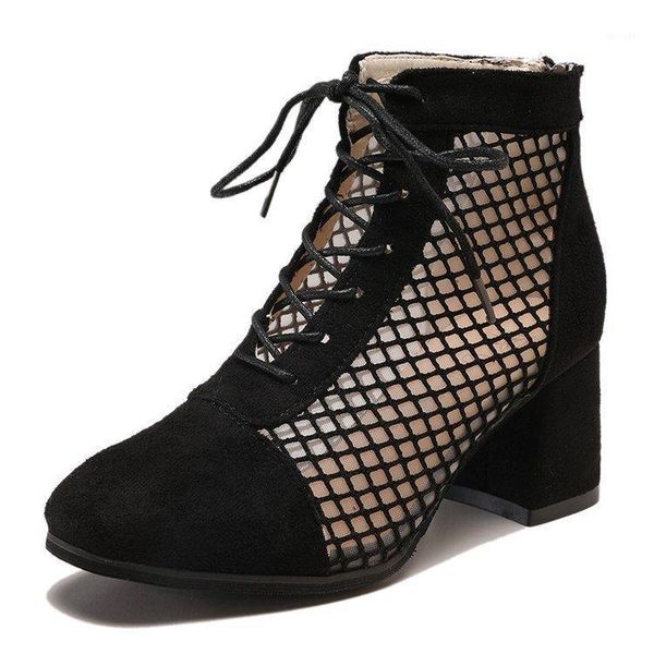 

women's booties 2020 spring new fashion hollow mesh thick with leather women's shoes wild lace high heels1, Black