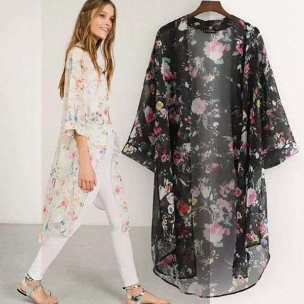

kimono cardigan women vintage floral chiffon shirts loose shawl boho long sunscreen jacket blouse1, White