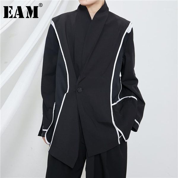 

eam] women black split joint bandage blazer new v-collar long sleeve loose fit jacket fashion tide spring autumn 2020 1x9411, White;black