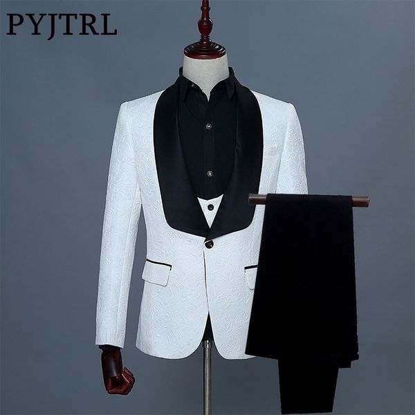 

pyjtrl brand three piece wedding fashion brazer suit slim fit tuxedos for men shawl lapel white jacquard prom party wear 201105, White;black