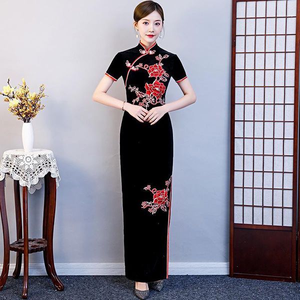 

velour long cheongsam oversize s-5xl black chinese style traditional womens evening qipao spring female button party dress1, Red