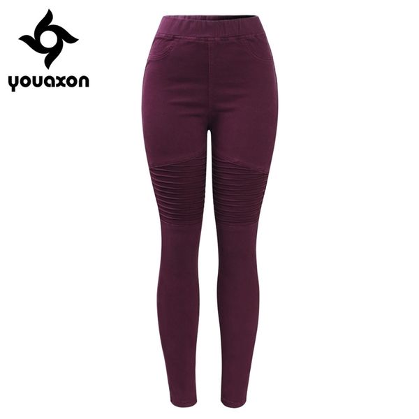 

2148 youaxon eu size motor biker high waist pleated jeans woman burgundy stretchy denim skinny pencil pants trousers for women 201030, Blue
