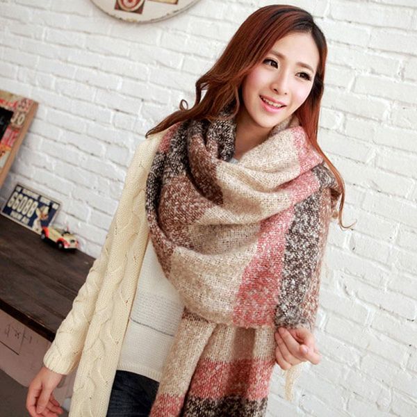

2020 women winter circle yarn scarf mohair horizontal stripes ladies shawl korean long size soft warm scarves casual accessories1, Blue;gray