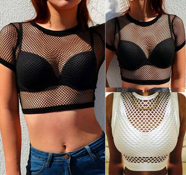 

uk women sleeveless see through mesh fishnet crop vest tank t shirt drop shipping, White