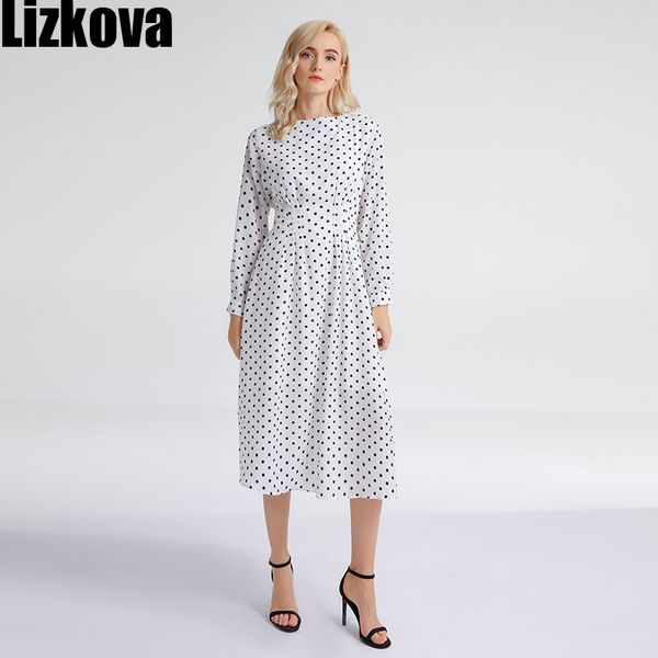 

lizkova elegant dot chiffon dress women long sleeve elastic waist dress 2020 christmas o-neck lantern sleeve ladies robe h1210, Black;gray