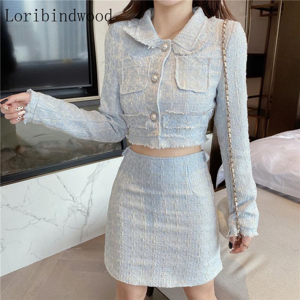 

elegant tweed skirt suits 2020 autumn winter long sleeve pocket jacket crop + mini pencil skirt two piece set women outfits, Gray