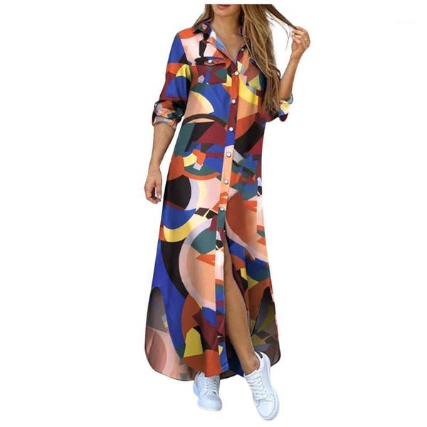 

mid calf summer dresses fashion womens casual loose long sleeve pocket button shirt print dress1, Black;gray