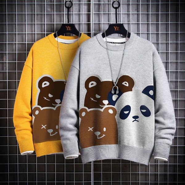 

casual sweater men autumn winter loose round neck knitted printed cartoon panda thicken warm pullover male tide 2020, White;black