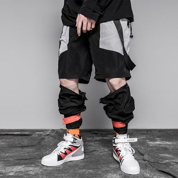 

men's pants 2021 detachable ribbons multi pockets cargo men harajuku casual track trouser hip hop streetwear joggers, Black