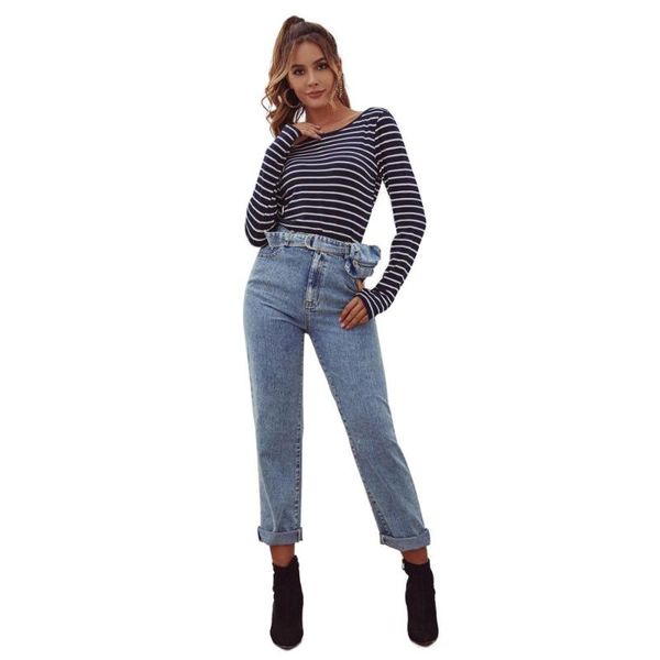 

women's jeans straight leg pants women high waist cotton plus size autumn winter, Blue