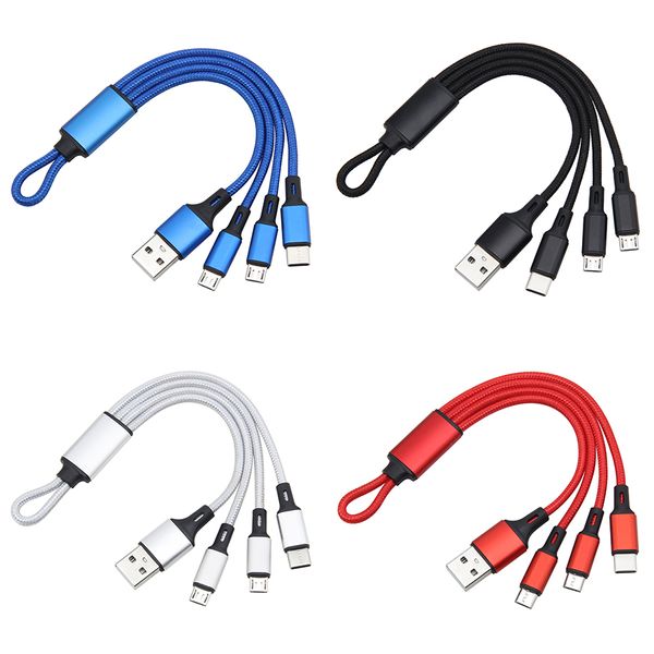 Nylon 3 in 1 USB-Kabel Schlüsselanhänger Kurzes Micro-USB-Typ-C-Multi-Ladekabel für Samsung Huawei LG-Handykabel