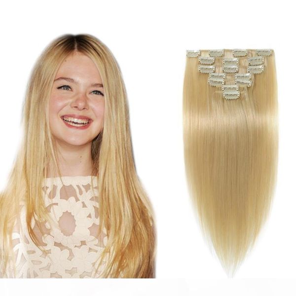 

double wefted #613 clip in human hair extensions 10pcs lot malaysian hair clip ins straight remy blonde human hair extensions clip in 200g, Black