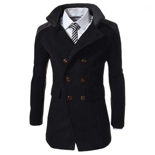 

autumn long wool coat men fashion turn-down collar wool blend double breasted coat jacket men overcoats1, Black