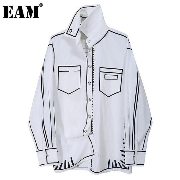 

eam] women white pattern printed big size blouse new lapel long sleeve loose fit shirt fashion tide spring autumn 2020 1dd0074