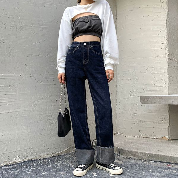 

high waist straight wide leg jeans y1214, Blue