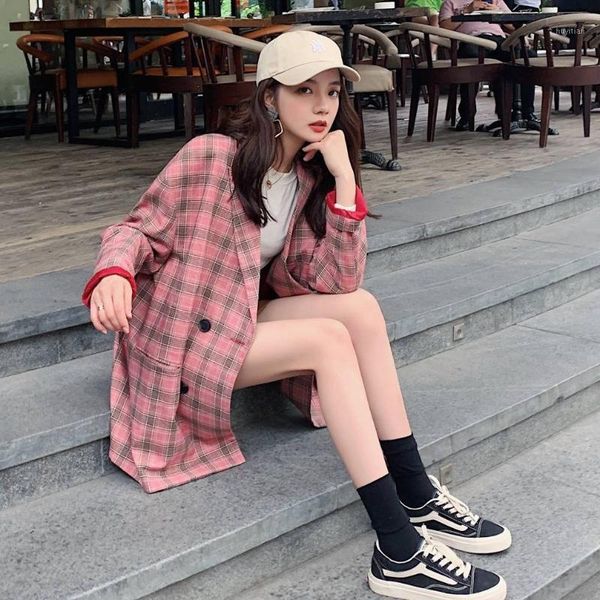 

pink plaid suit coat women loose long jacket spring casual blazer fashion tailored suits sweet female checked suit jacket1, White;black