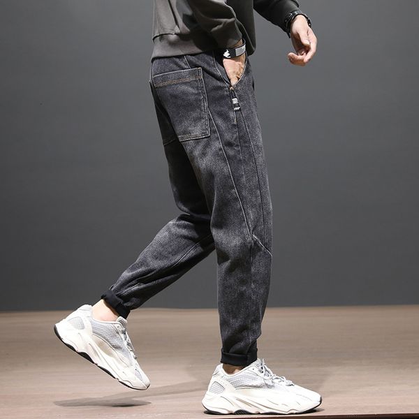 

2021 new korean style fashion men jeans retro black gray loose fit denim harem pants streetwear hip hop wide leg trousers sidp, Blue