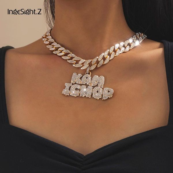 

ingesight.z punk hip hop full iced out rhinestone miami curb cuban choker necklace shiny crystal letter pendant necklace jewelry, Silver