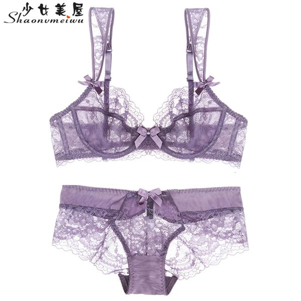 

shaonvmeiwu lace underwear bra set comfortable breathable bra transparent breasted large size black temptation no sponge c1212, Black;white