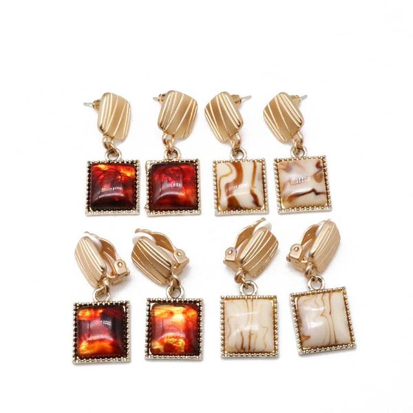 

square brown ivory resin earring geometry vintage ethnic, Golden;silver